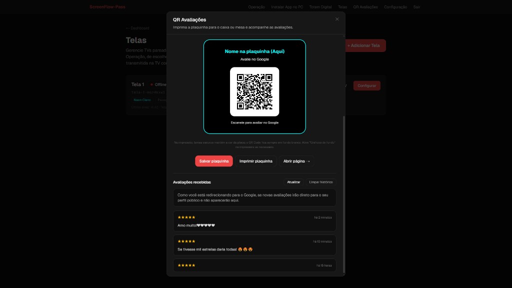 Modal QR Avaliações do ScreenFlow-Pass com plaquinha neon para Google Reviews