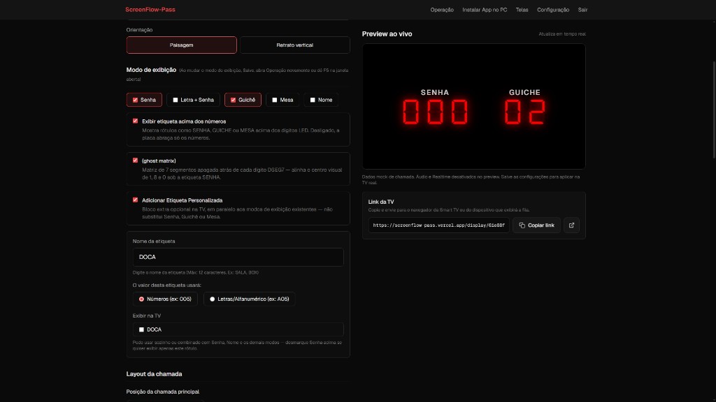 Painel de configuração com modos de exibição combinados