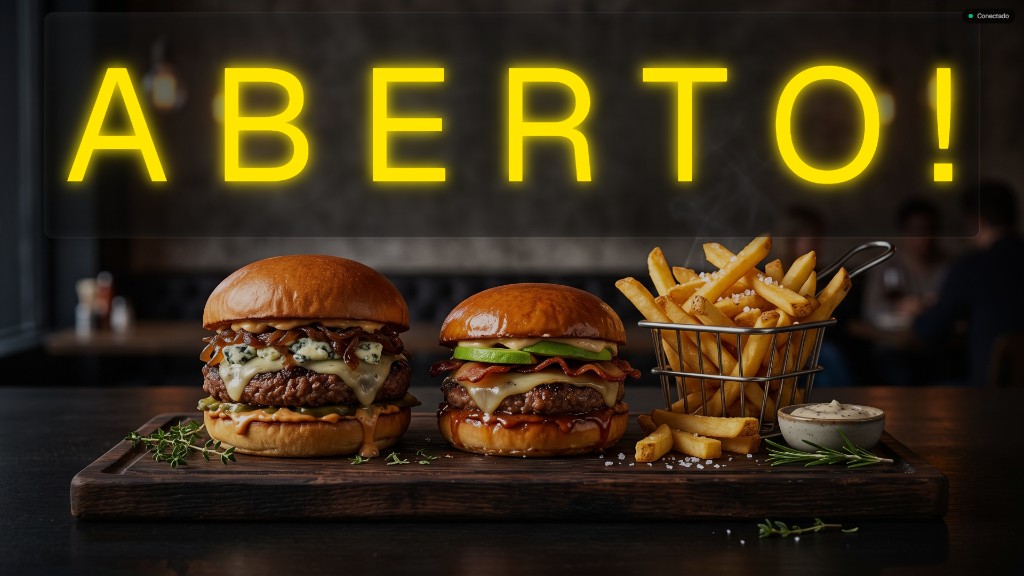 Letreiro digital ABERTO em fonte neon sobre fundo de hamburgueria