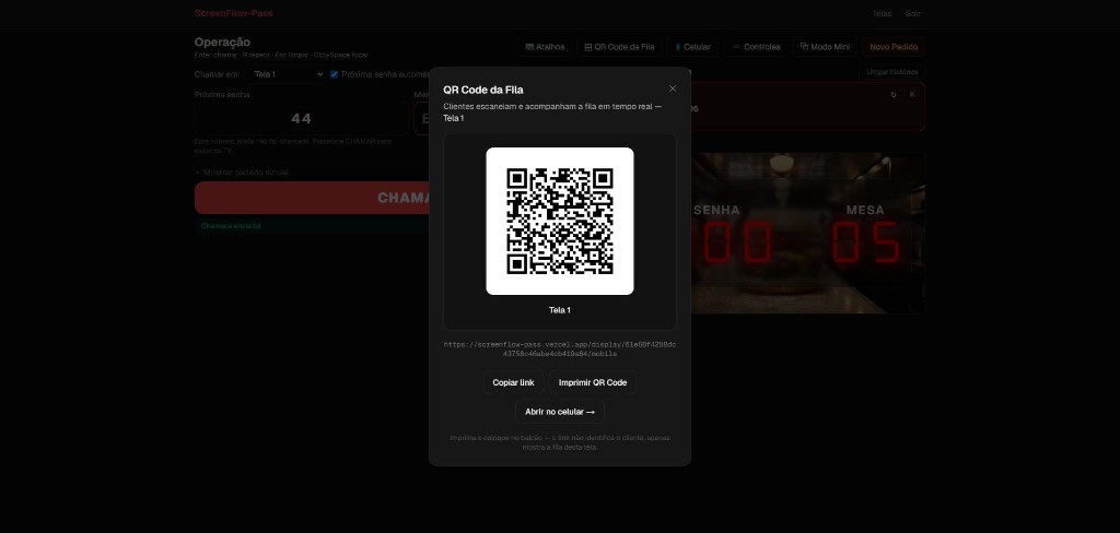 QR Code da fila para clientes acompanharem em tempo real