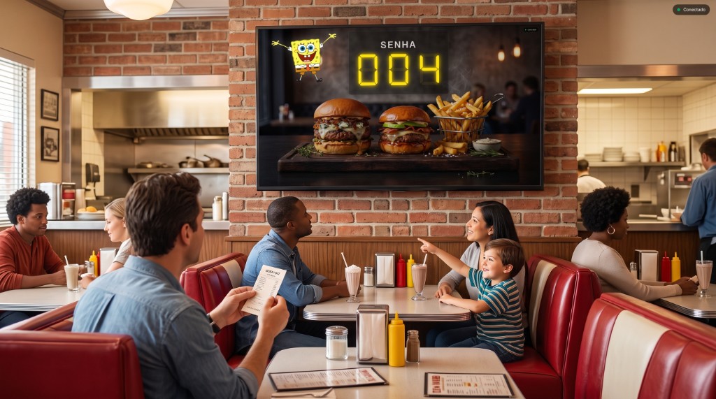 TV em restaurante exibindo senha e propaganda para clientes